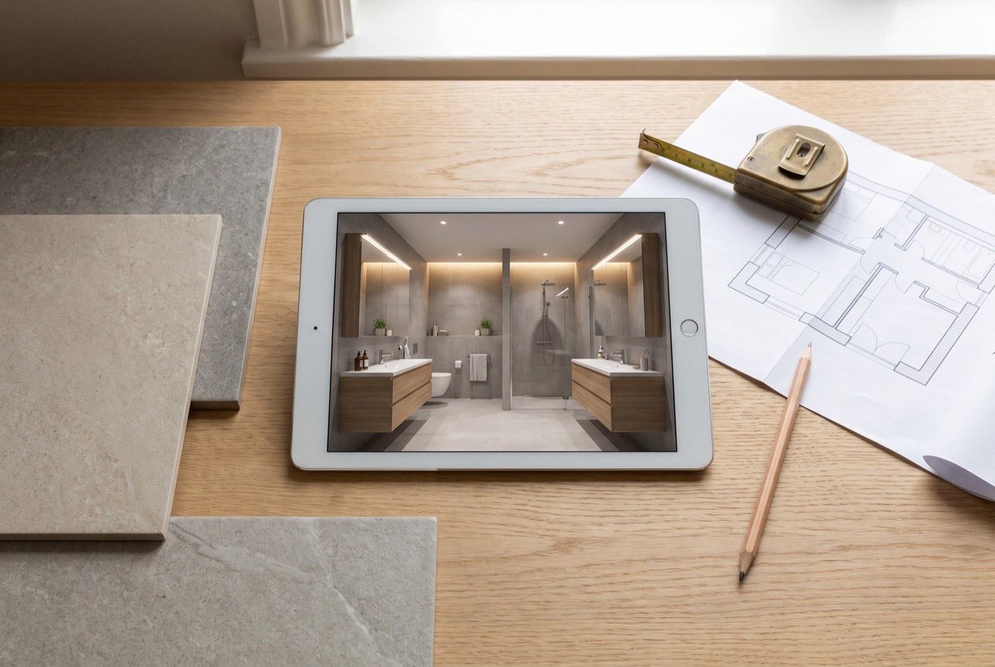 Tablet mit dreidimensionaler Badplanung neben Fliesenmustern und einem Grundriss
