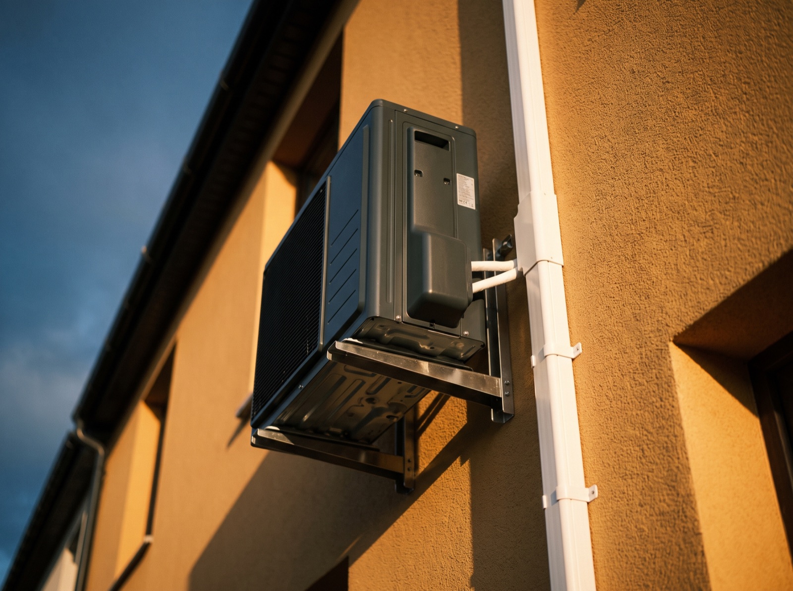 Sauber montiertes Außengerät einer Split-Klimaanlage an einer verputzten Hausfassade