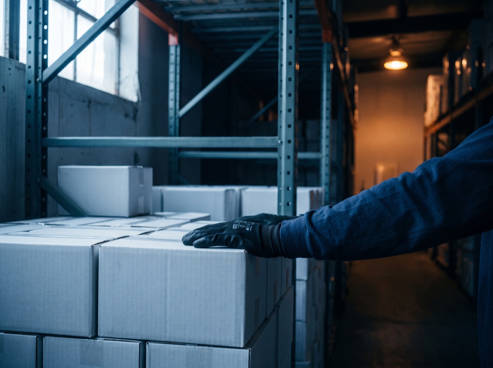 Verpackte Klimageräte im Lagerregal, eine Hand im schwarzen Arbeitshandschuh prüft den Bestand