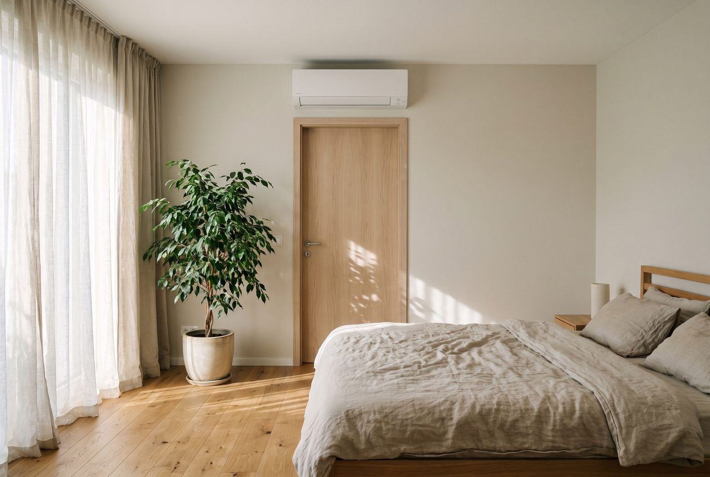 Split-Klimagerät über der Tür in einem ruhigen Schlafzimmer