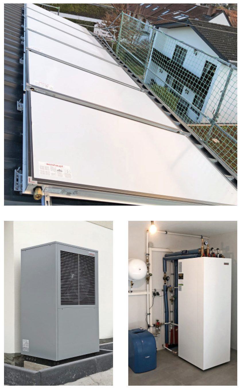 Solarthermie-Kollektorfeld, Außeneinheit und Innengerät einer Wärmepumpe