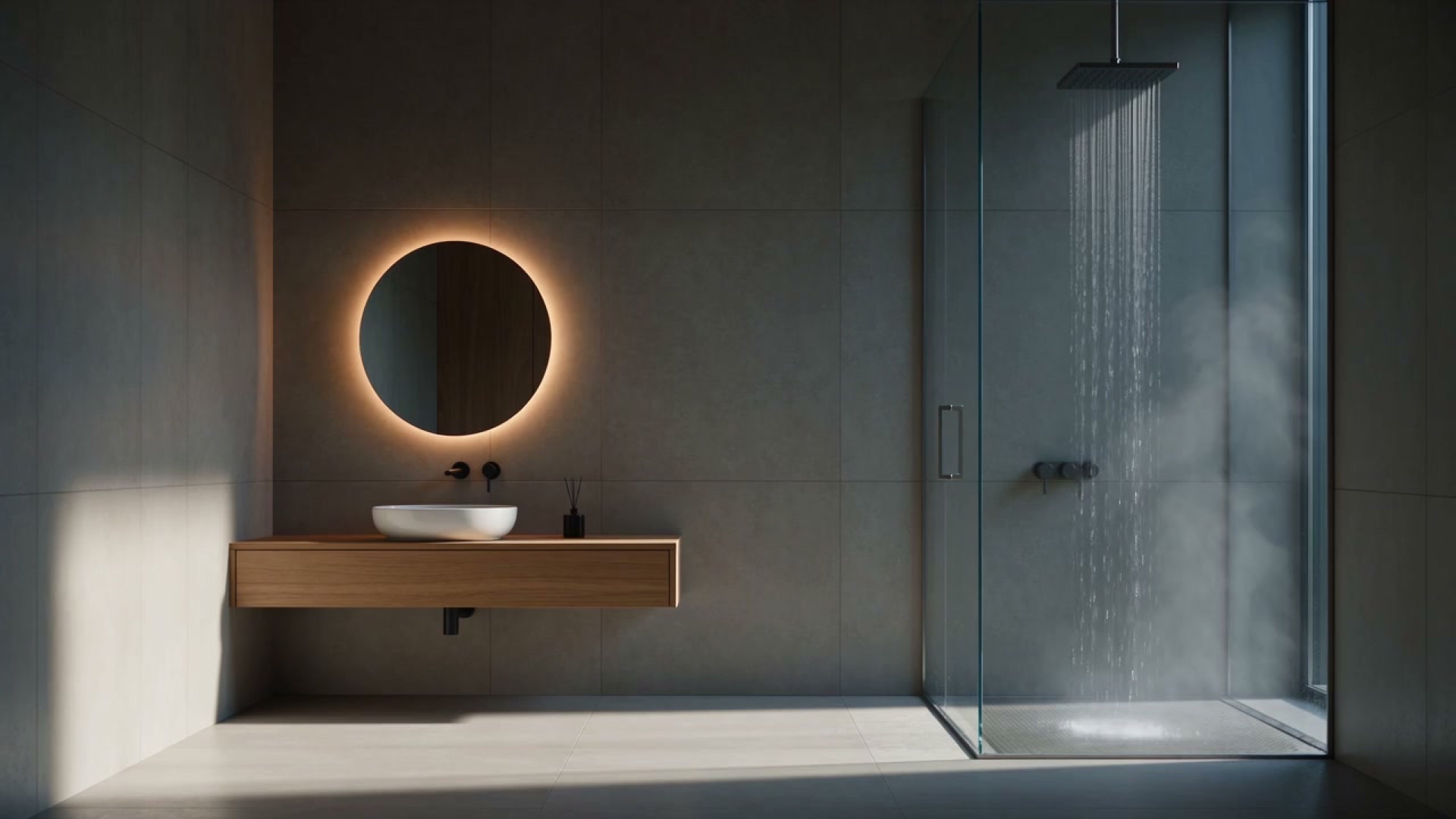 Fertig saniertes Badezimmer mit bodengleicher Dusche und hinterleuchtetem Rundspiegel