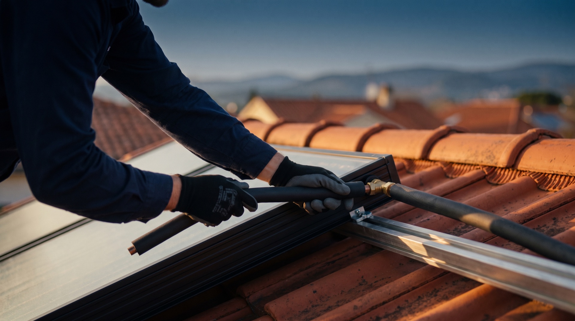 Solarkollektor bei der Montage auf einem Ziegeldach – Anschluss der gedämmten Solarleitung