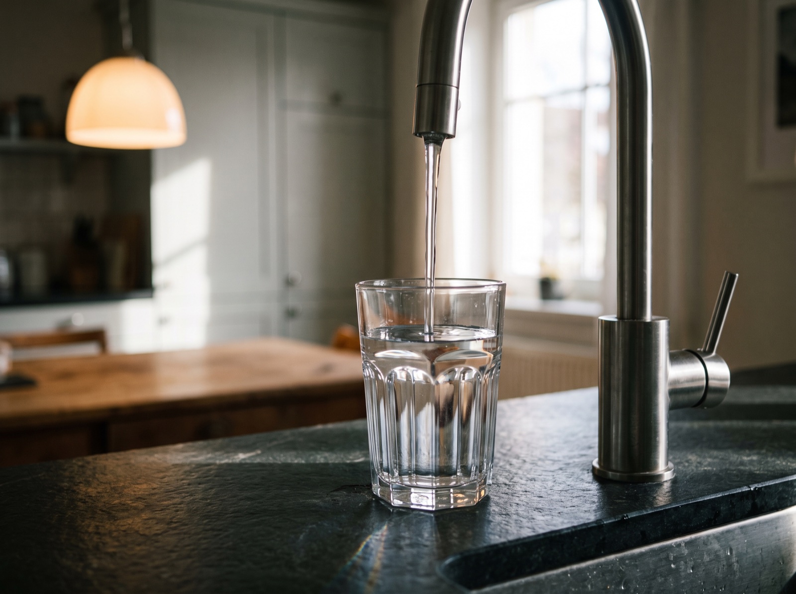 Klares Trinkwasser läuft aus einer Küchenarmatur in ein Glas