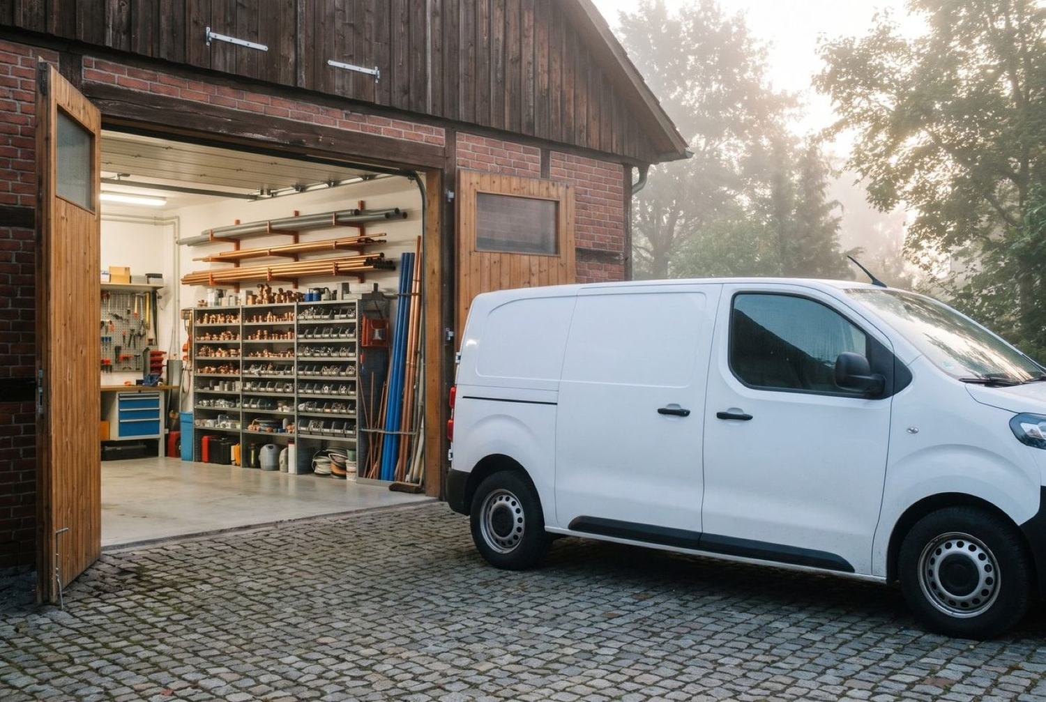 Werkstatt mit Werkzeugwand und vorbereiteten Bauteilen