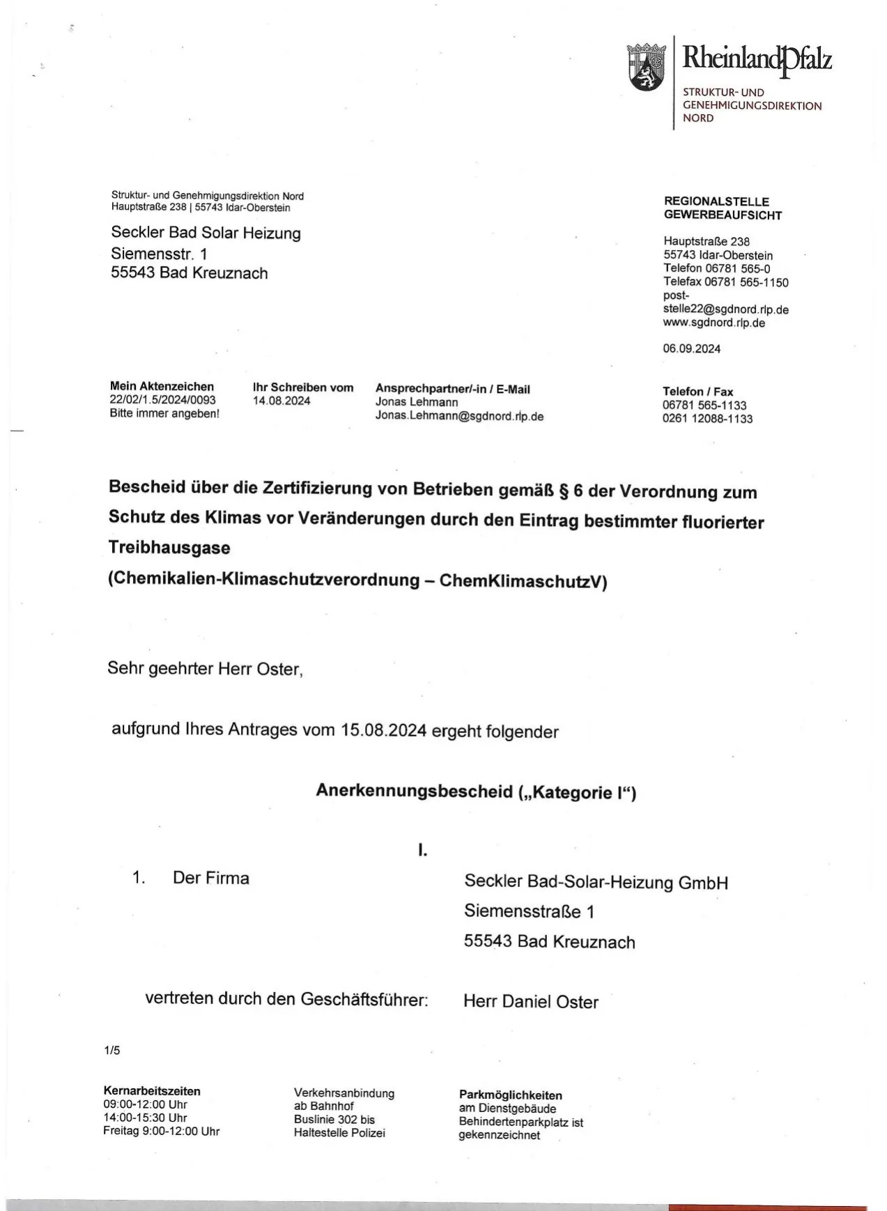Erste Seite: Anerkennungsbescheid 2024