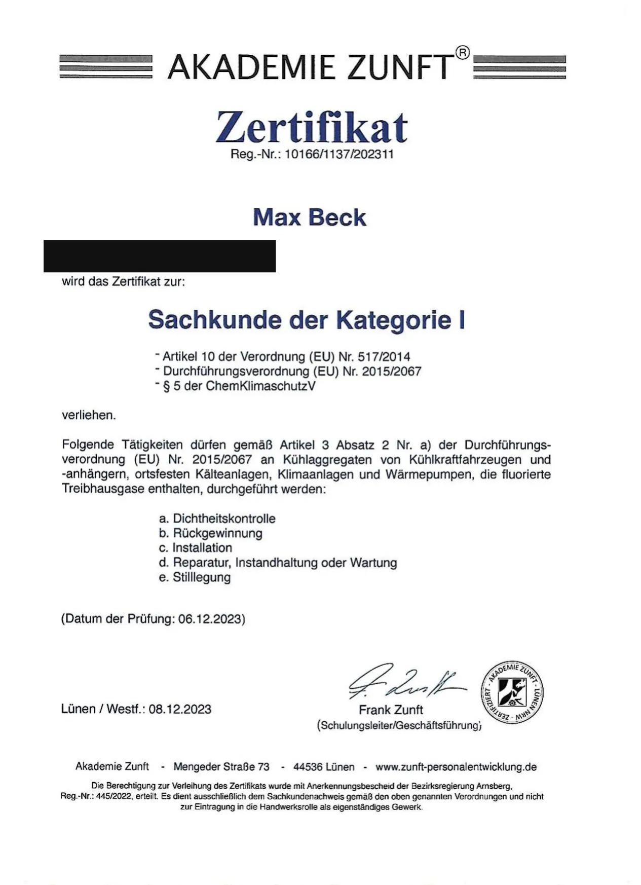 Erste Seite: Sachkundenachweis Kategorie I